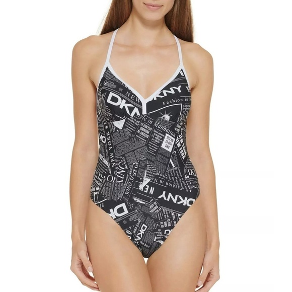 DKNY BLACK WHITE Graphic T-Back One-Piece Swimsuit M - Picture 1 of 11
